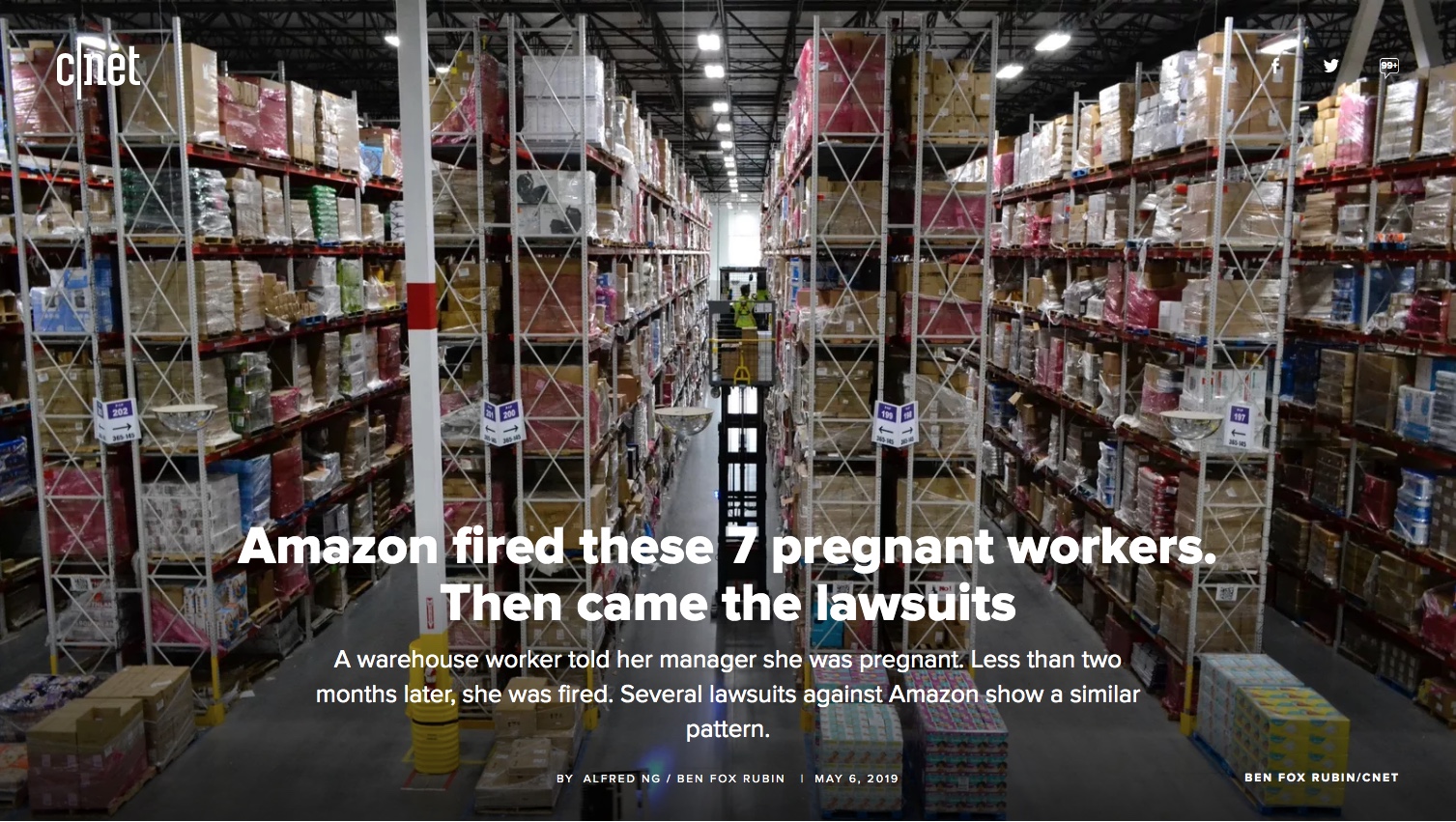 CNET image to accompany the May 6, 2019 article about Amazon and pregnancy discrimination issues