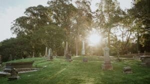 Sunlight filters through trees over a serene cemetery, highlighting gravestones and a grassy landscape, evoking a peaceful atmosphere.