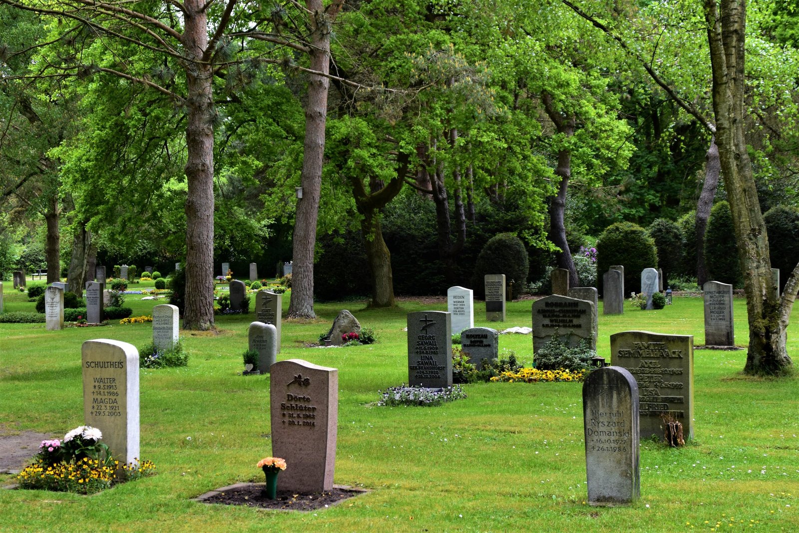 Gravestones scattered across a serene, green cemetery, surrounded by tall trees and flower beds.