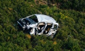 A damaged car sits abandoned in dense foliage
