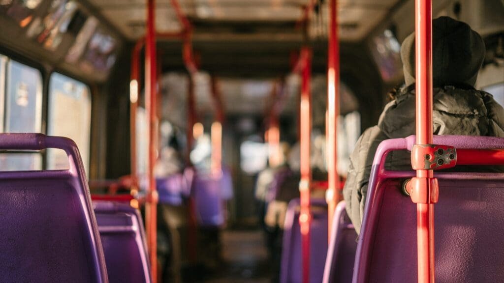 Interior of a bus showing empty seats