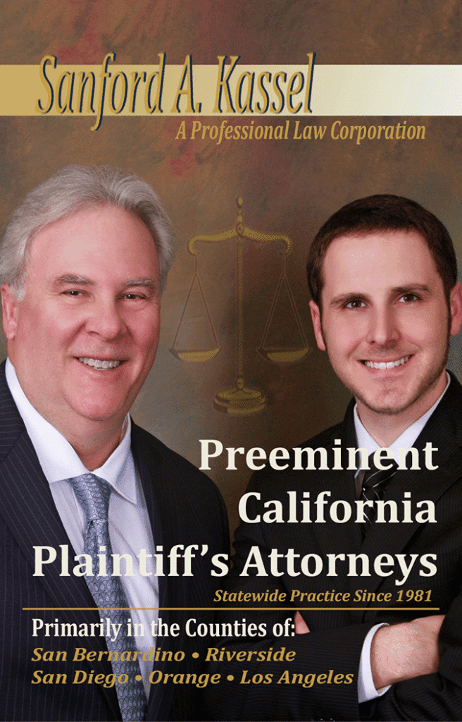 Two attorneys, Sanford A. Kassel and Gavin P. Kassel, stand smiling against a backdrop of legal symbols. The text highlights their law firm's prominence in California.