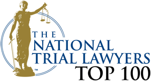 National Trial Lawyers Top 100 emblem featuring Lady Justice holding scales, signifying recognition of elite trial attorneys.